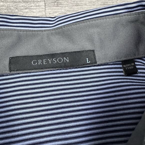 Greyson Mens Sz Large THE PRESERVE GOLF CLUB Polo Shirt Blue Striped Performance - Picture 6 of 9